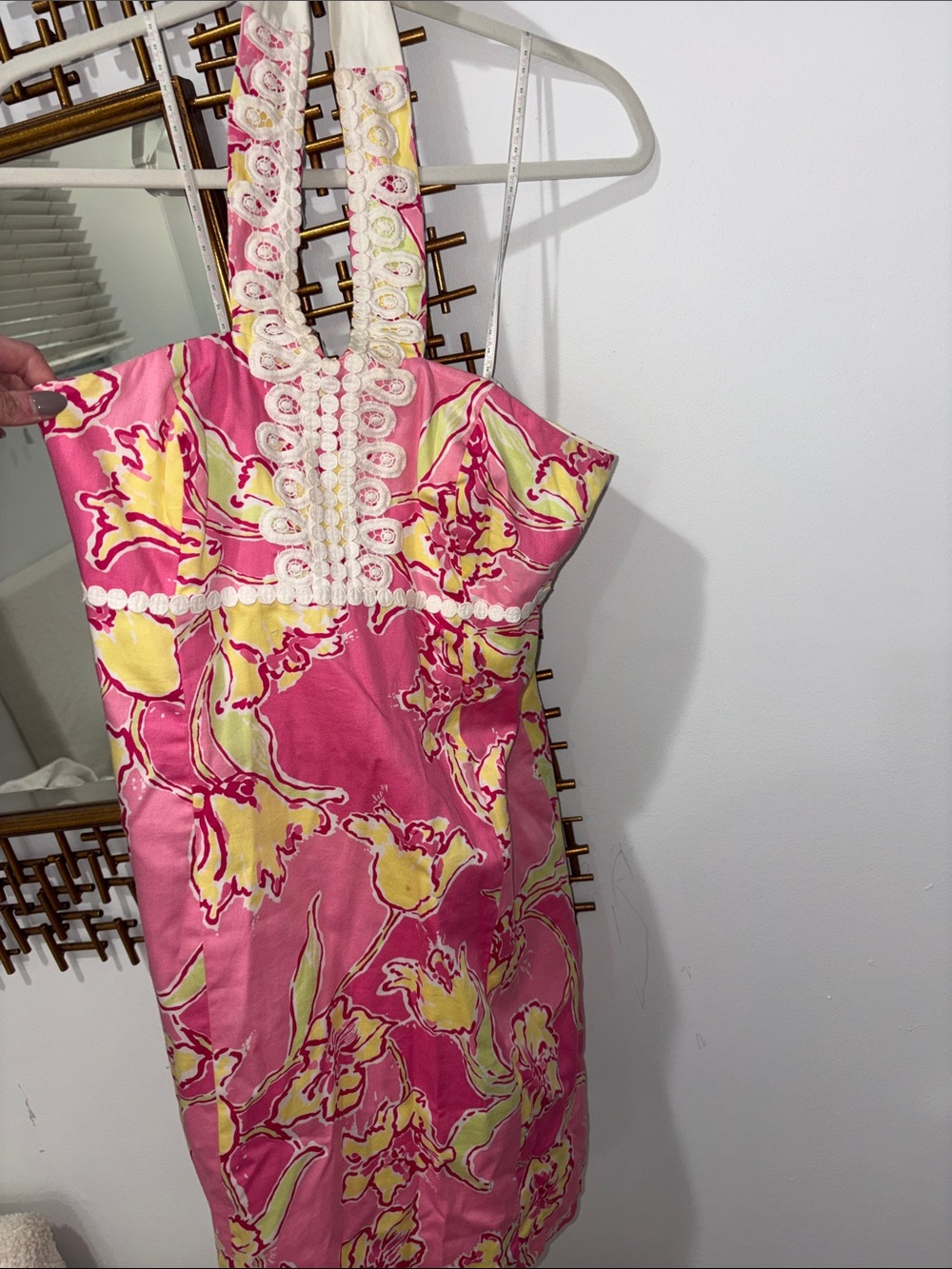 Lilly Pulitzer Pink Yellow Floral Halter Dress with Lace Trim